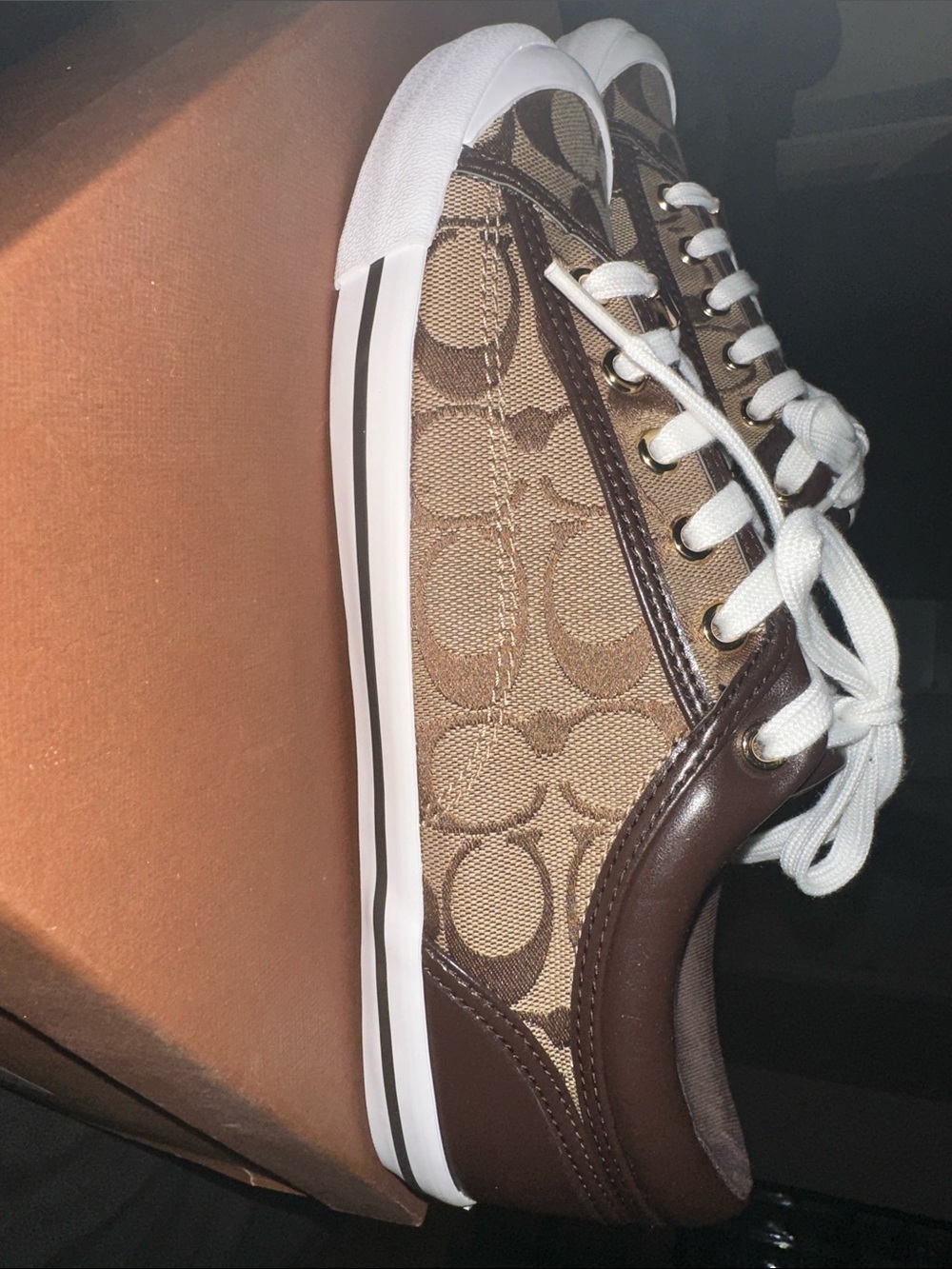 Coach Brown Signature Canvas Low-Top Sneakers with Brown and White Accents
